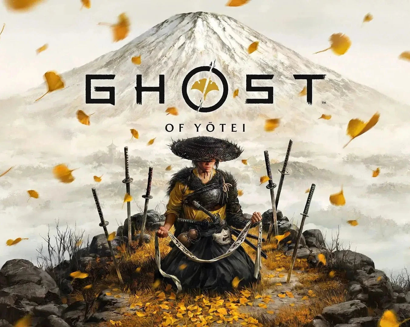 Promotional image for 'Ghost of Yotei' with a warrior figure and Mount Fuji in the background.