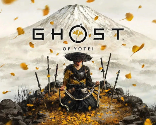 Promotional image for 'Ghost of Yotei' with a warrior figure and Mount Fuji in the background.
